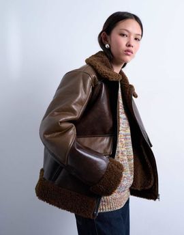 Topshop Topshop faux shearling patchwork faux leather jacket in brown