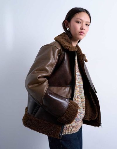 Topshop Topshop faux shearling patchwork faux leather jacket in brown