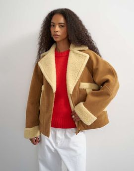 Topshop Topshop faux shearling short jacket in beige-Neutral