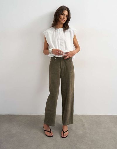 Topshop Topshop faux suede cinch pants in khaki-Green