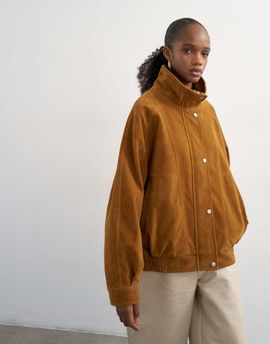 Topshop Topshop faux suede funnel neck bomber jacket in tan-Neutral