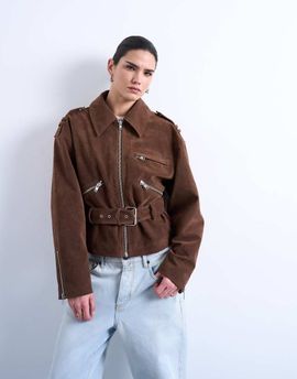 Topshop Topshop faux suede low belted biker jacket in washed brown