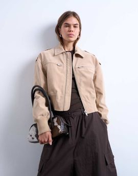 Topshop Topshop faux suede ovoid sleeve bomber jacket in stone-Neutral