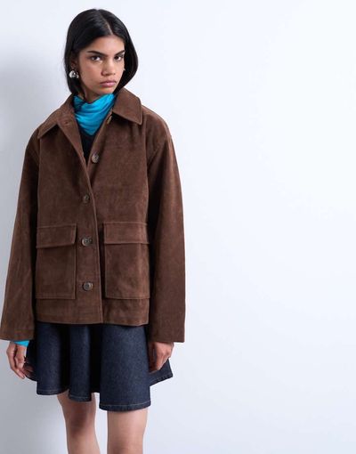 Topshop Topshop faux suede patch pocket boxy jacket in brown