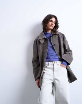 Topshop Topshop faux suede short car coat with neck tab in gray