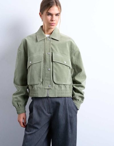 Topshop Topshop faux suede short jacket with patch pockets in sage-Green