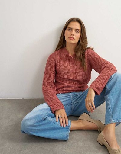 Topshop Topshop fine-gauge knit henley neck top in rust red-Multi