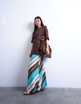 Topshop Topshop floor length cupro bias maxi skirt in brown and blue stripe-Multi
