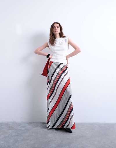 Topshop Topshop floor length maxi bias skirt in red and white stripe-Multi