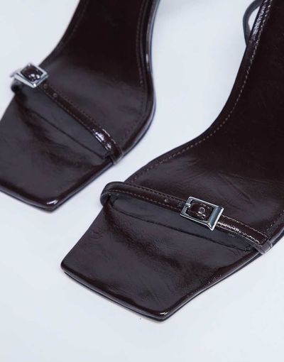 Topshop Topshop Floyd strappy buckle detail square toe high heel sandals in chocolate-Brown