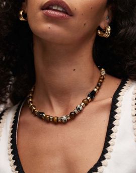 Topshop Topshop Freya mixed beaded necklace in brown and gold
