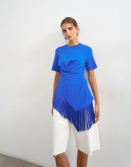 Topshop Topshop fringe trim wrap front tassel hem tee in cobalt blue-Black