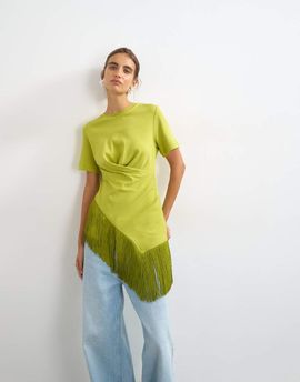 Topshop Topshop fringed wrap front tassel hem tee in olive-Green