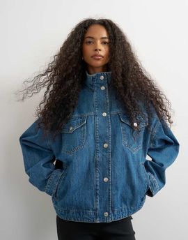 Topshop Topshop funnel neck denim jacket in green cast-Blue