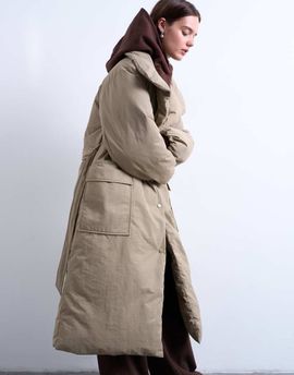 Topshop Topshop funnel neck longline belted puffer jacket in stone-Neutral