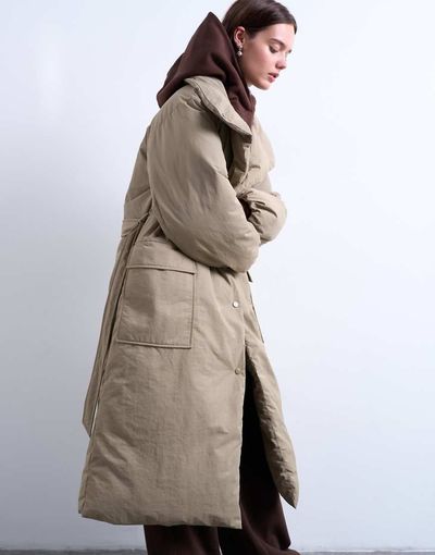 Topshop Topshop funnel neck longline belted puffer jacket in stone-Neutral