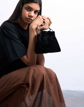 Topshop Topshop Gabriette small velvet clutch purse with metal handle trim in black