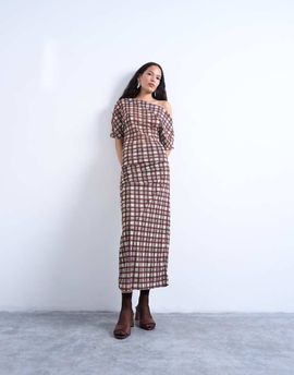 Topshop Topshop gathered detail mesh maxi skirt in plaid-Brown