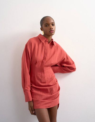Topshop Topshop gathered skirt mini shirt dress in rust-pink