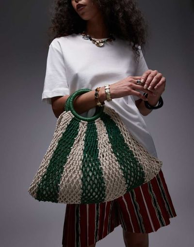 Topshop Topshop Gemma striped crochet grab bag in green stripe