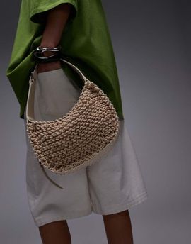 Topshop Topshop Gracia crochet & leather bag with buckle strap in natural-Neutral