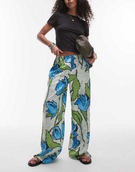 Topshop Topshop green and blue floral pull on satin wide leg pants