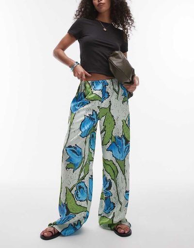 Topshop Topshop green and blue floral pull on satin wide leg pants