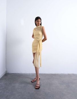Topshop Topshop grown-on shoulder chiffon mini dress with sash in textured buttermilk-Yellow