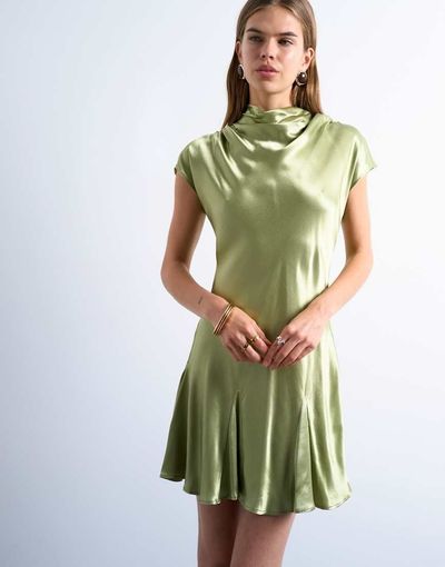 Topshop Topshop grown-on sleeve satin dress in olive-Green