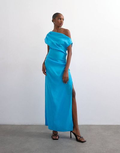 Topshop Topshop grown on shoulder midi dress in soft touch electric blue