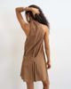 Topshop Topshop halter neck gathered side mini dress with tab detail in brown woven stripes - 2