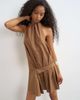 Topshop Topshop halter neck gathered side mini dress with tab detail in brown woven stripes - 3