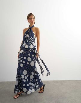 Topshop Topshop halterneck dropped waist tie detail maxi dress in navy mixed dot-Black