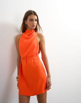 Topshop Topshop heavy crepe high cowl neck mini dress with tie waist in orange-Red