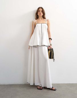 Topshop Topshop heavyweight linen rich maxi skirt with black contrast piping in white - part of a set