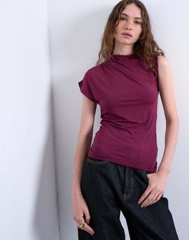 Topshop Topshop high neck asymmetric ruched sides tank top in burgundy-Red