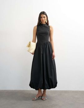 Topshop Topshop high neck asymmetric waist bubble hem midaxi dress in black-Green