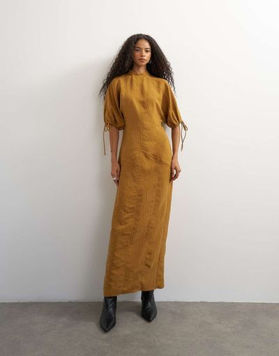 Topshop Topshop high neck maxi dress with puff toggle sleeve in brown woven stripe-NEUTRAL