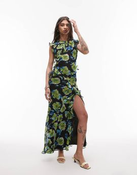 Topshop Topshop high neck open back frill maxi dress in blurred blue floral-Multi