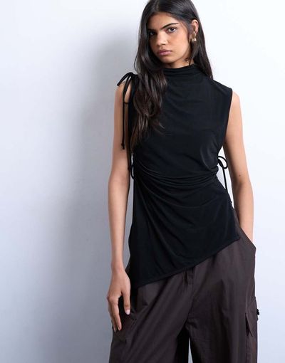 Topshop Topshop high neck ruched channel tunic top in black