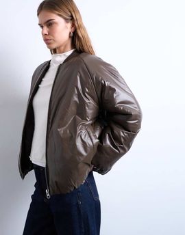 Topshop Topshop high shine padded bomber jacket in chocolate-Brown