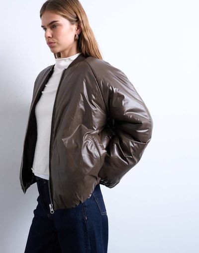 Topshop Topshop high shine padded bomber jacket in chocolate-Brown
