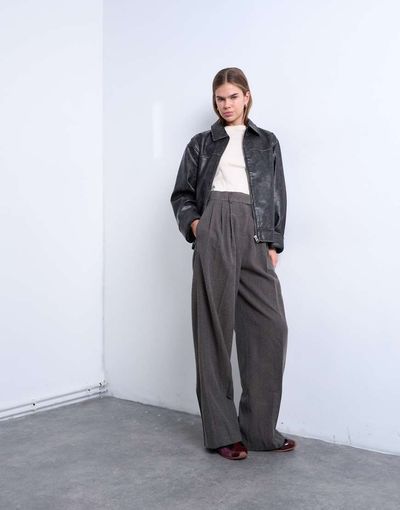 Topshop Topshop high waisted herringbone double pleated front pants in gray