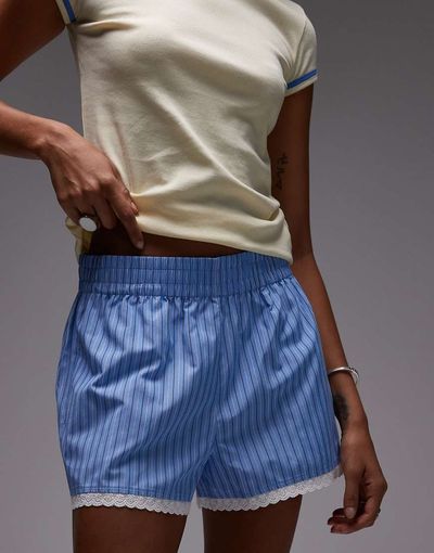 Topshop Topshop high waisted striped lace trim boxer shorts in blue