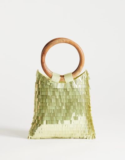 Topshop Topshop Holly sequined clutch purse with wooden handle in lime-Green