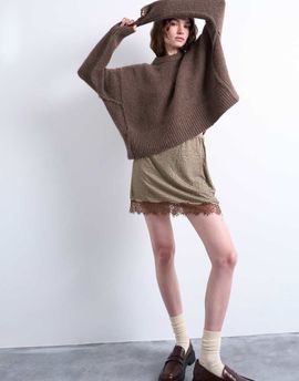 Topshop Topshop hot fix embellished mini skirt with lace trim in brown