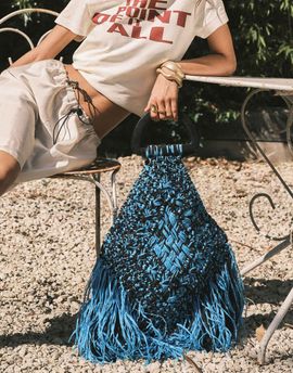 Topshop Topshop Hugo woven straw tassel trim bag in blue & black