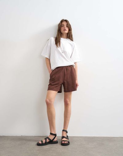 Topshop Topshop interlock sweatshirt fabric shorts in chocolate brown - part of a set