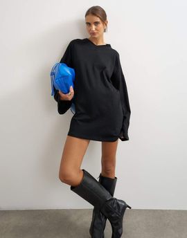 Topshop Topshop jersey cotton high v neck long sleeve mini dress in black-No color