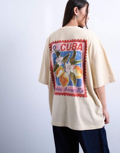 Topshop Topshop jersey graphic stamp back print oversized T-shirt in buttermilk-Yellow
